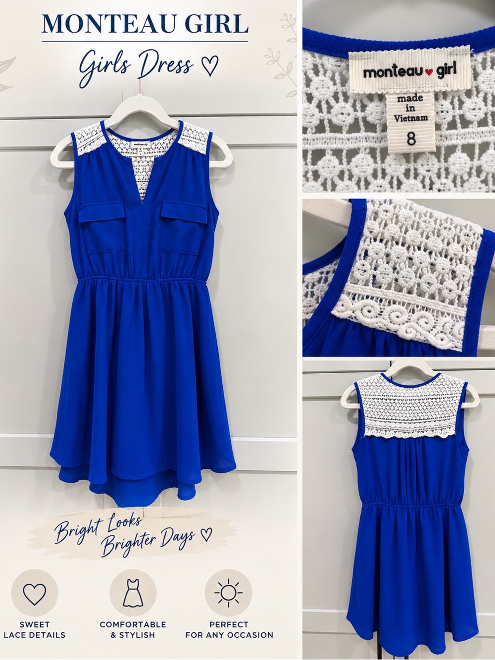 Monteau Girl Royal Blue Sleeveless Dress with White Lace Yoke
